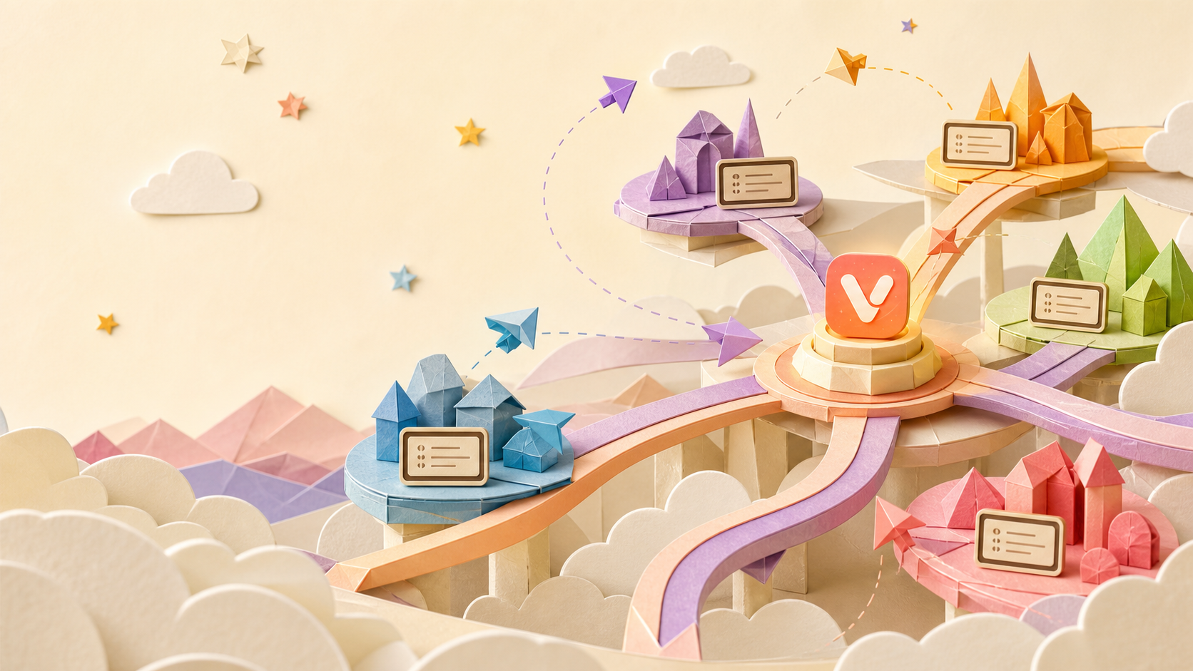 An origami VibeSpace network connecting colorful project islands