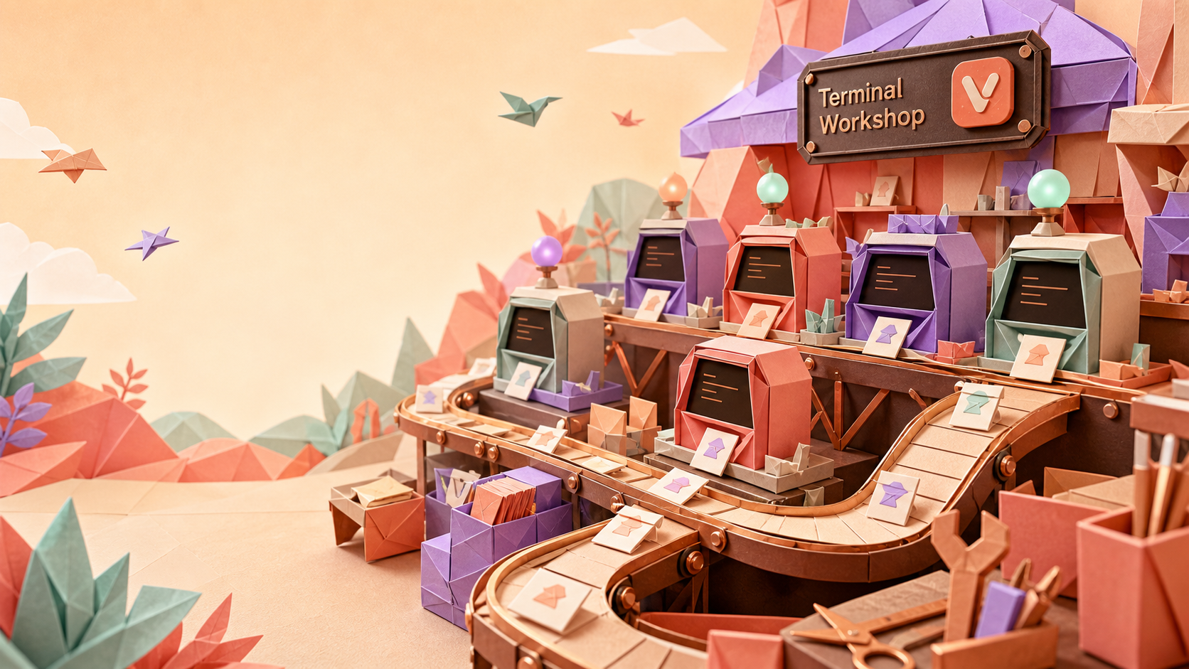 An origami terminal workshop with command machines and conveyor routes