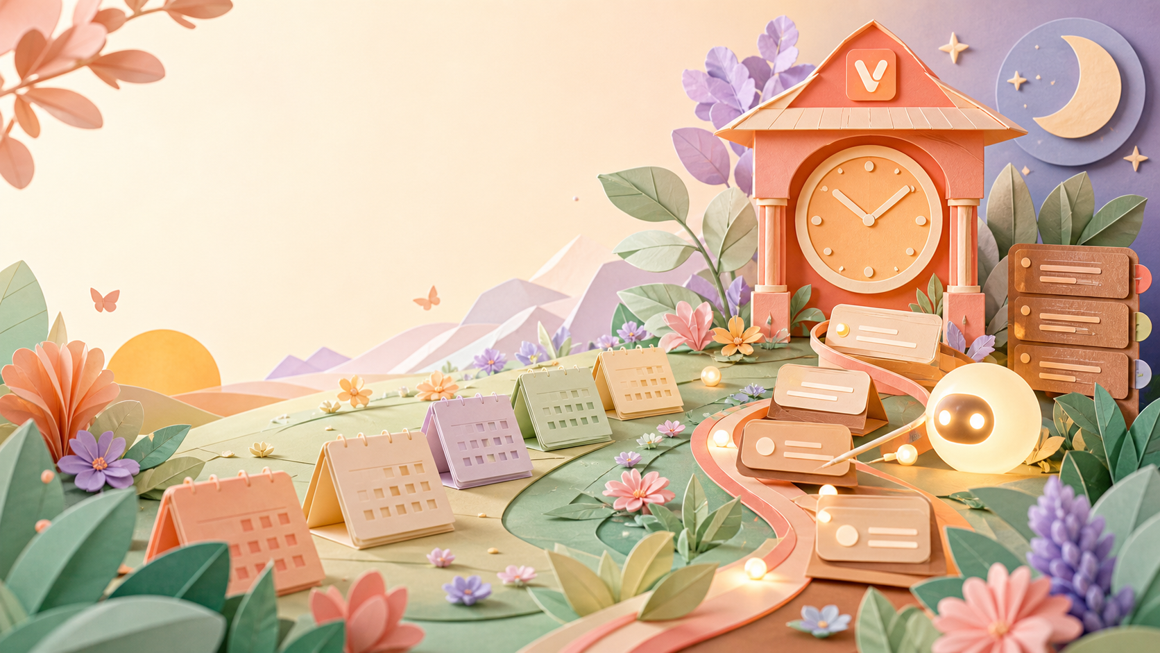 An origami automation garden with a clock, calendars, and connected action cards