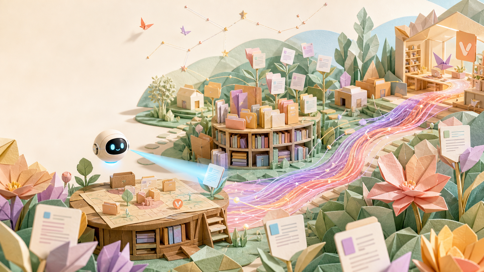 An origami knowledge garden with documents, a library, a map, and a glowing memory stream