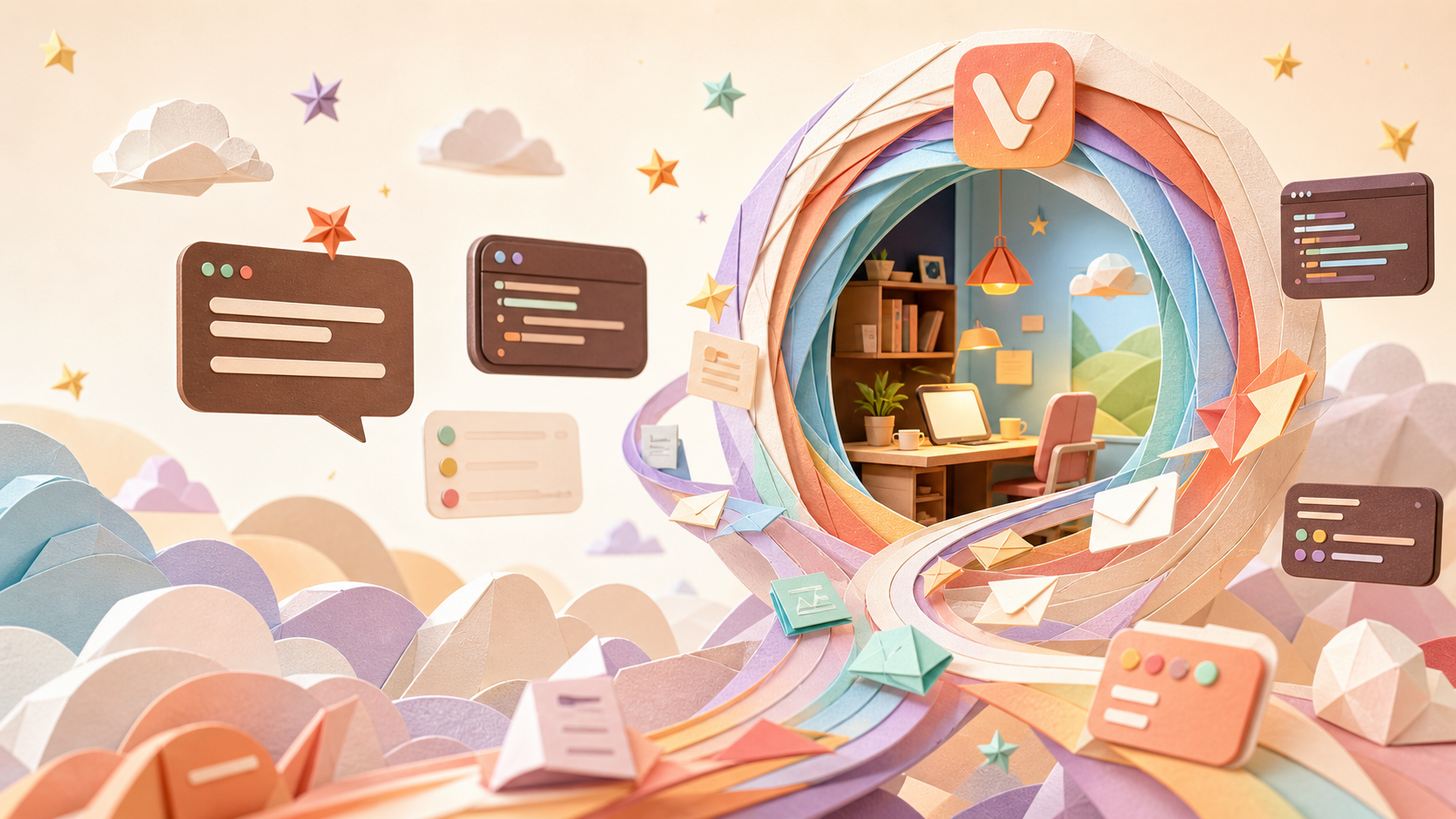The flowing VibeSpace paths arriving at a circular personal workspace portal